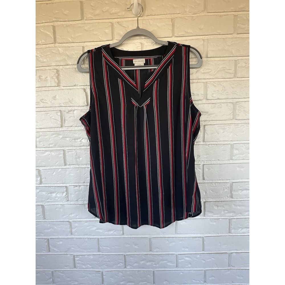Van Heusen Y2K Striped Sleeveless Blouse Women's Large Black Red V Neck